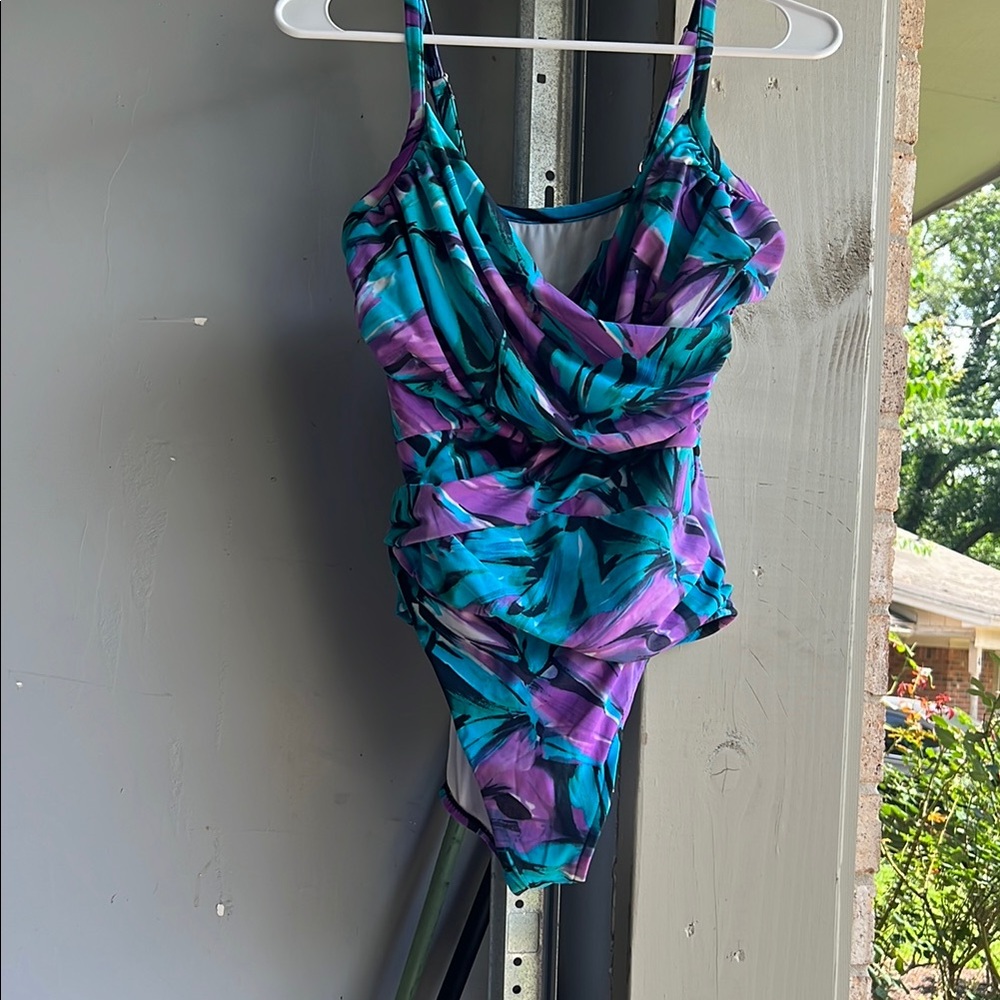 Croft & Barrow Blue and Purple One Piece Swimsuit with Ruffled Neckline